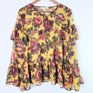 LOFT Womens Mustard Yellow Sheer Keyhole Woodland Bell Sleeve Blouse Size XL